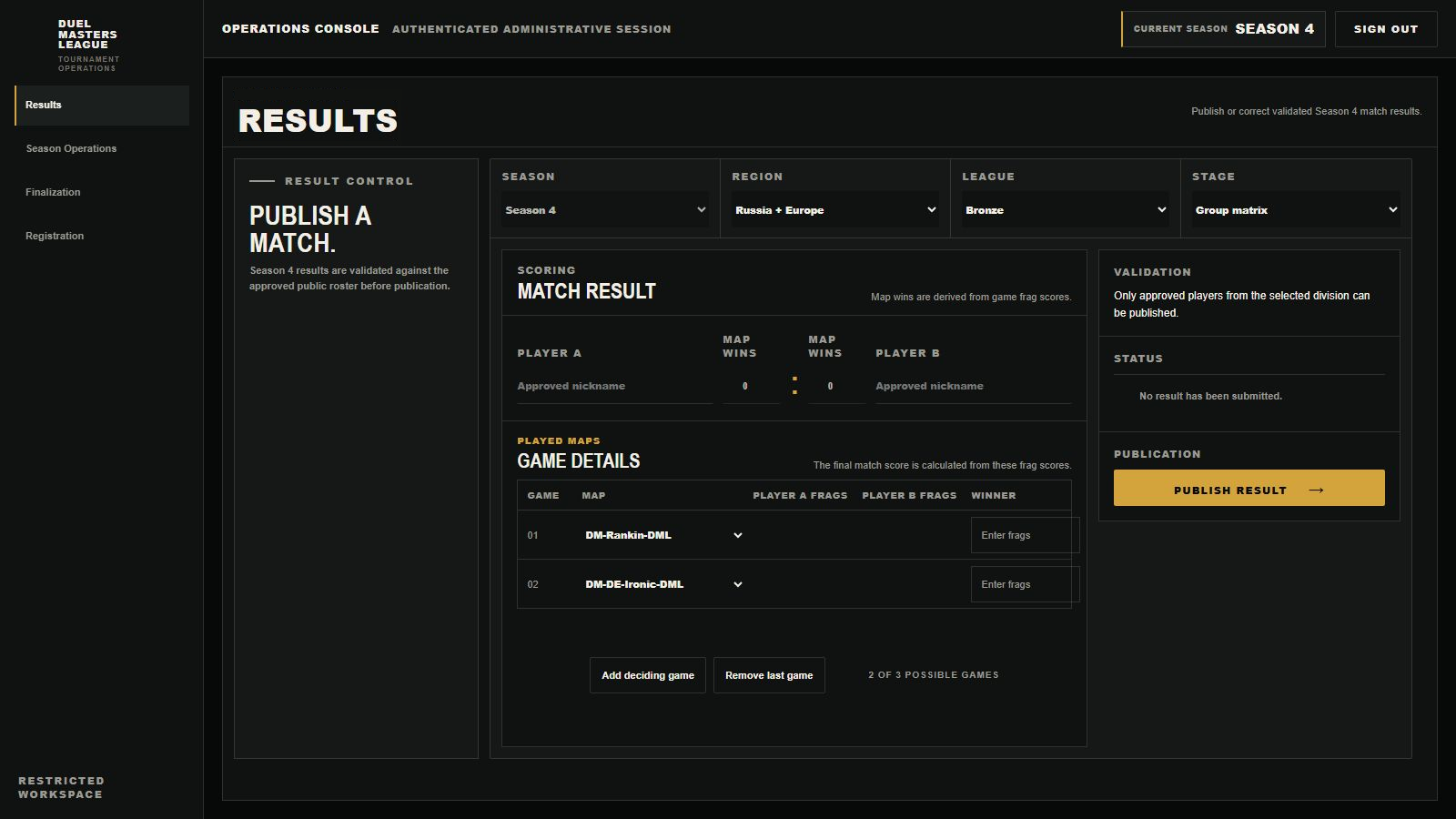 Current Results admin screen