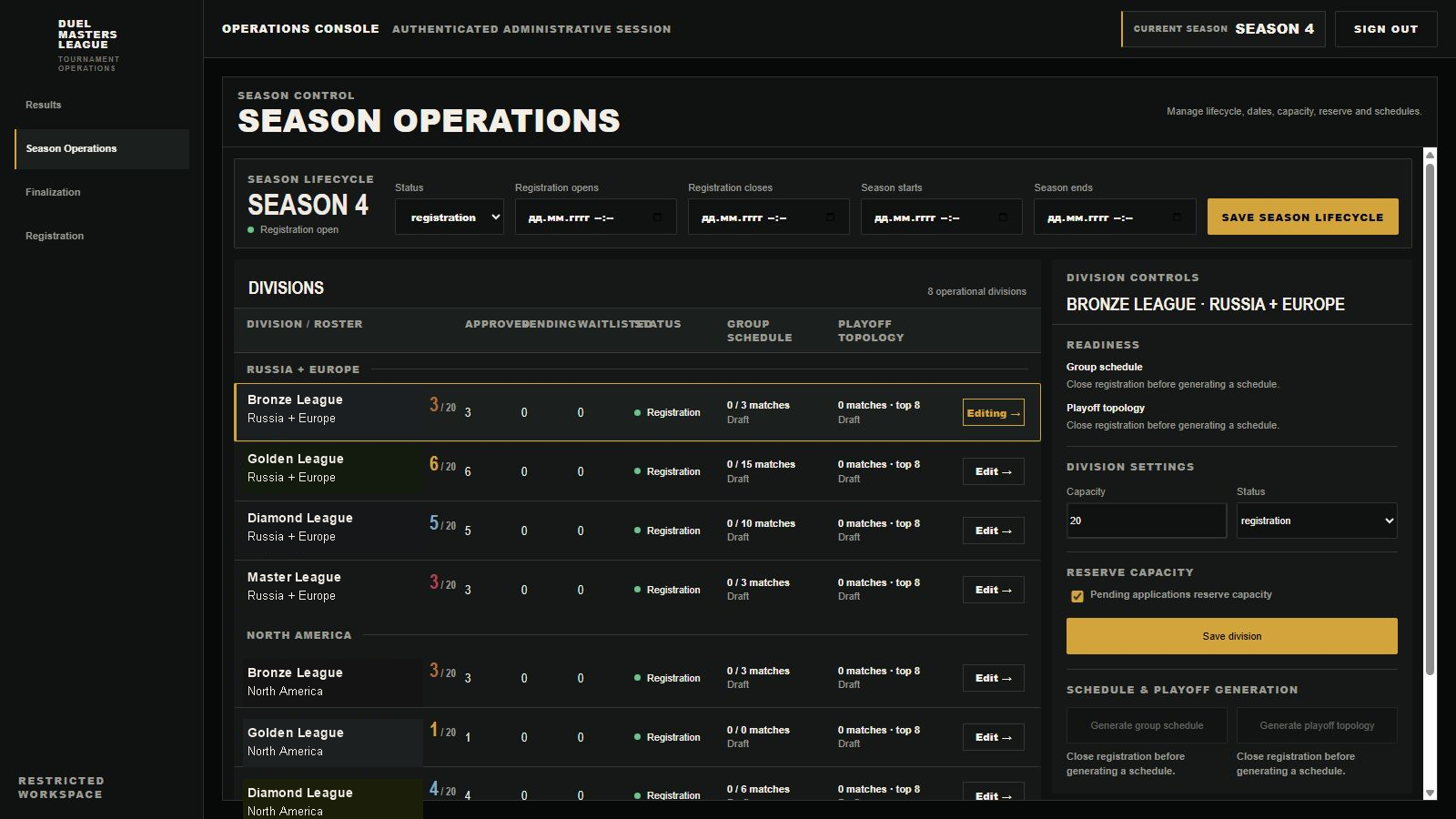Current Season Operations admin screen